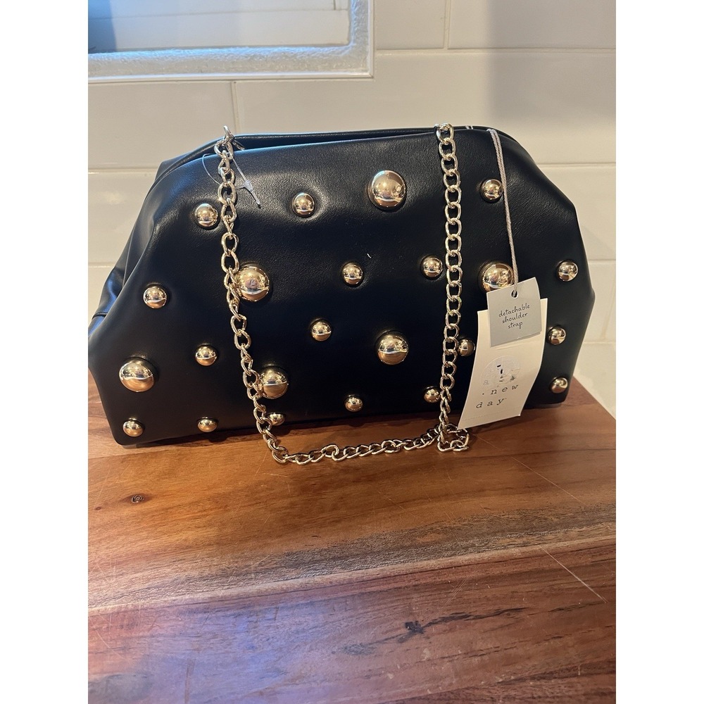 A New Day Black Studded Oversize‎ Clutch Shoulder Bag with Gold Chain NWT